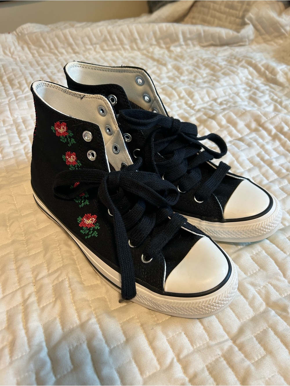 Converse High-Top Sneakers with Red Rose Embroidery